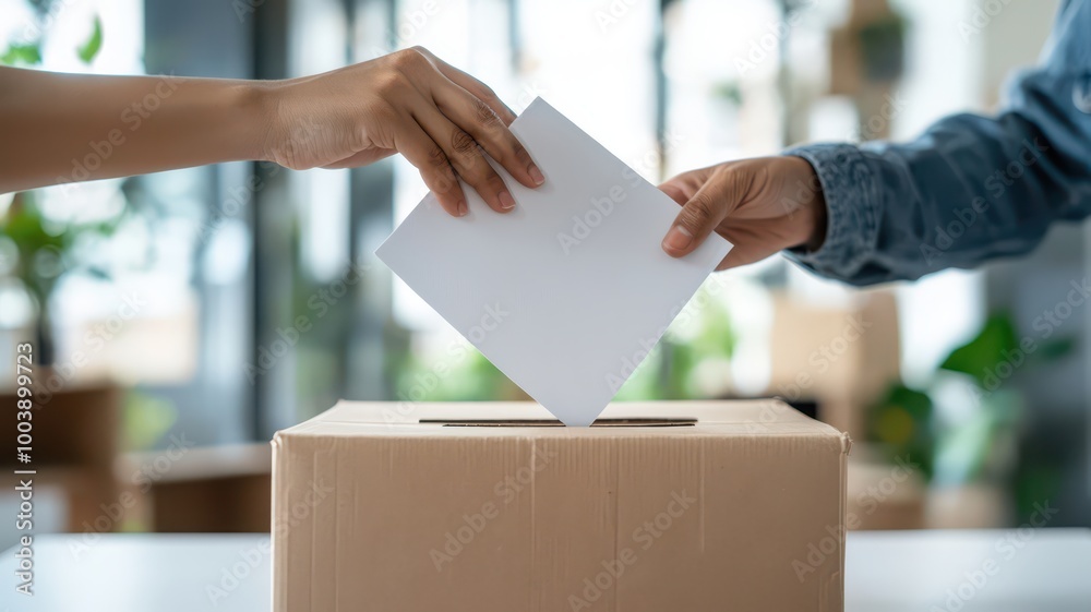A person casting a vote into a ballot box, symbolizing civic engagement and democratic participation in a contemporary setting. A person casting a vote into a ballot box, symbolizing civic engagement and democratic participation in a contemporary setting.