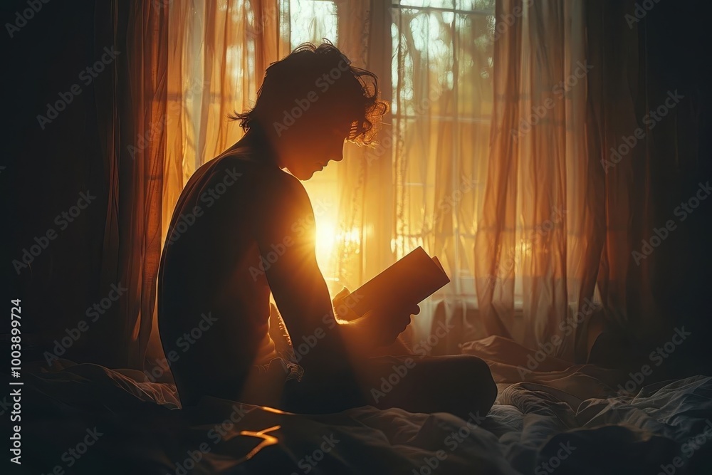 Silhouette of a person reading a book by a window with warm sunlight streaming in, creating a serene and contemplative atmosphere. Silhouette of a person reading a book by a window with warm sunlight streaming in, creating a serene and contemplative atmosphere.