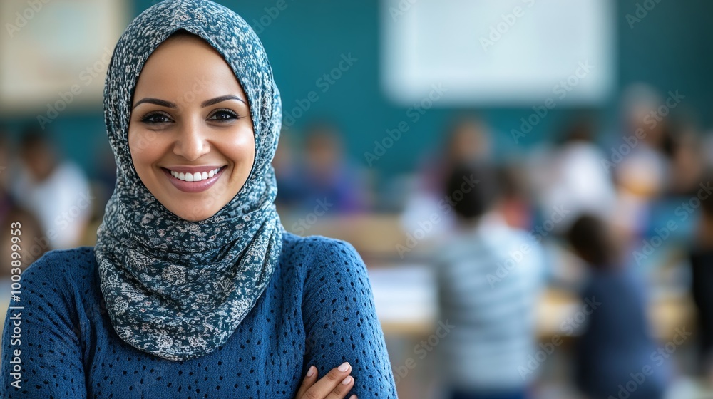 Confident Muslim Teacher Wearing Hijab Stands in a Busy Classroom, Smiling at the Camera Confident Muslim Teacher Wearing Hijab Stands in a Busy Classroom, Smiling at the Camera