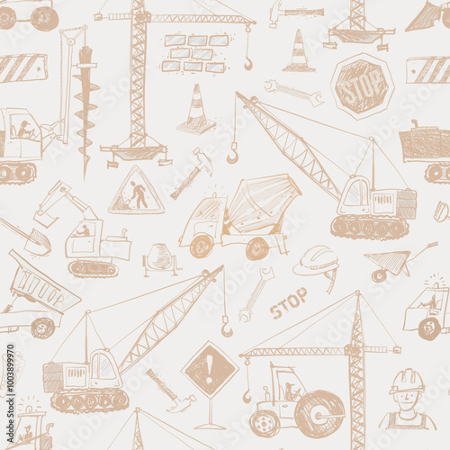 Monochrome illustration featuring collection of hand-drawn sketches of various construction machinery such as cranes, excavators, and dump truck. Can be used for wallpaper, pattern