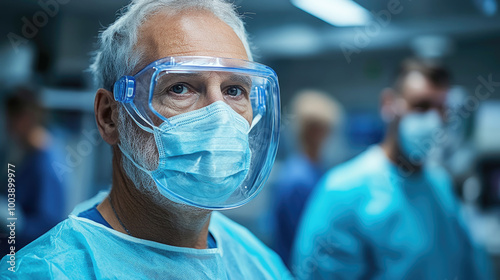 Healthcare workers in masks and face shields provide essential medical care in a busy hospital setting during a critical health crisis