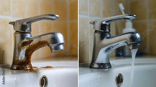 Compare the images of the dirty stainless faucet cover with the hard calcium water stain in the bathroom before and after cleaning it with a special detergent.