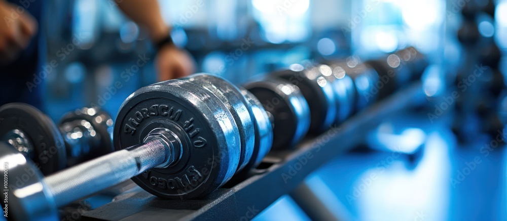 Close-up of dumbbells on a rack in a gym. Close-up of dumbbells on a rack in a gym.