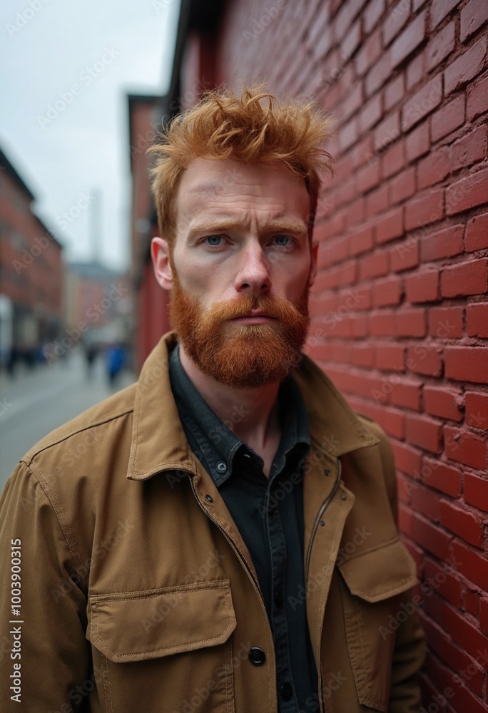 Solemn man stands against a red brick wall backdrop Solemn man stands against a red brick wall backdrop