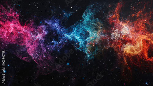 Colorful abstract background cosmic web contoured spacetime waves and forming stars glowing on dark background science gravity physics gravitational waves AI quantum computing early universe concepts