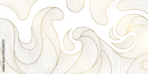 Vector wave line illustration, sea water pattern, curve graphic design element. Gold flow oriental ornament, japanese flow wallpaper