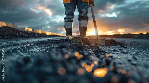 Worker standing on muddy ground with a shovel during a dramatic sunset, symbolizing hard work and determination in challenging conditions. photo