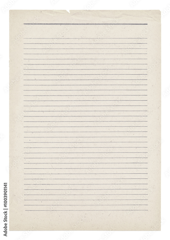 Aged lined sheet paper with wrinkled edge and textured background. Empty sheet letter writing paper or old vintage blank page of notebook. Element of background, greyed paper with horizontal lines. Aged lined sheet paper with wrinkled edge and textured background. Empty sheet letter writing paper or old vintage blank page of notebook. Element of background, greyed paper with horizontal lines.
