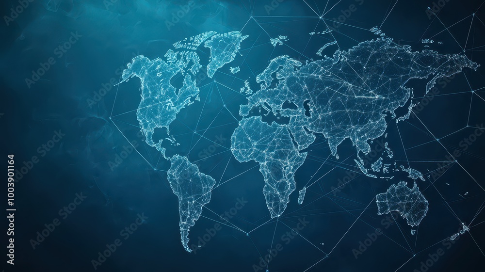 Fototapeta premium A digital representation of a world map, featuring interconnected nodes and lines, symbolizing global connectivity and data flow.
