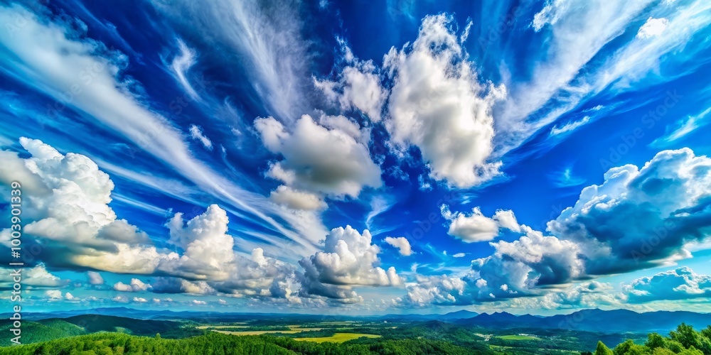 The expansive blue sky, embellished with soft clouds, radiates tranquility, creating a peaceful haven for nature The expansive blue sky, embellished with soft clouds, radiates tranquility, creating a peaceful haven for nature