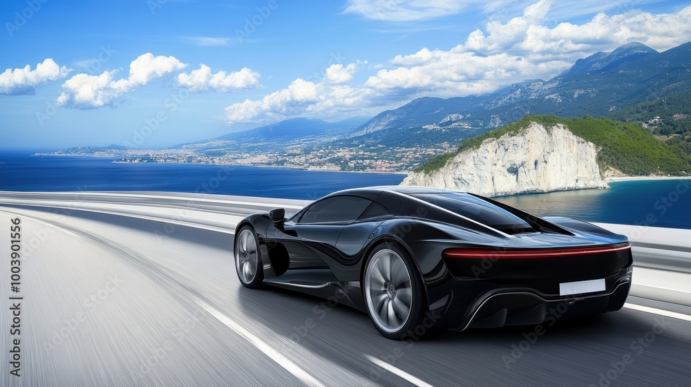 Naklejka premium Sleek Black Car Driving by the Coastal Highway