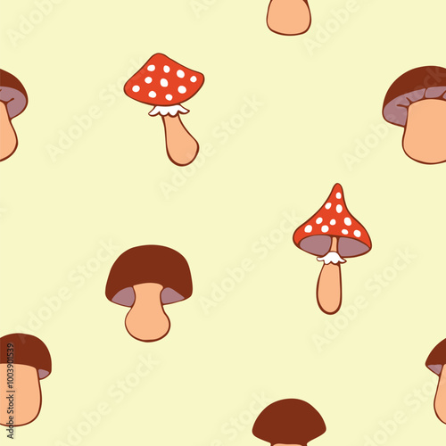 Seamless cute autumn pattern with mushrooms isolated in doodle flat style. Forest nature ornament. Vector illustration, kids design