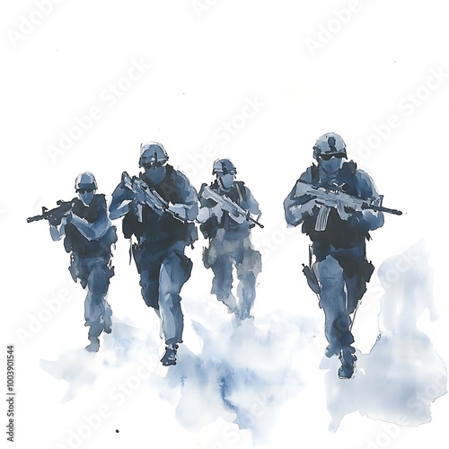 Watercolor Illustration of Military Soldiers in Combat.