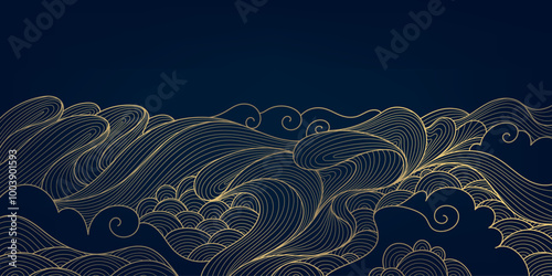 Vector wave line illustration, sea water pattern, curve graphic design element. Gold flow oriental ornament, japanese flow wallpaper