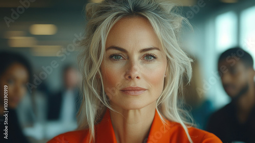 A woman with long blonde hair and an orange outfit gazes confidently while participating in a corporate meeting surrounded by colleagues