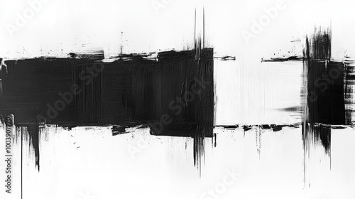 Bold black and white abstract artwork showcases expressive brush strokes, blending contrast and texture on a minimalist canvas
