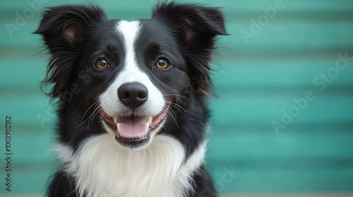 A friendly border collie with a bright expression stands against a turquoise backdrop during a sunny outdoor day