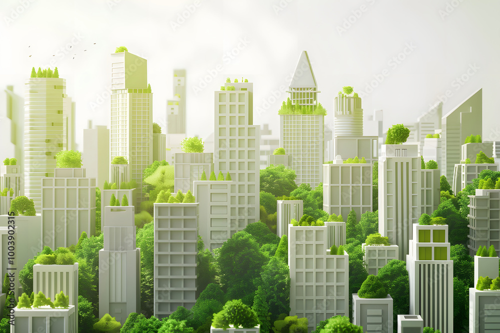 Fototapeta premium clean and modern 3D illustration of city skyline featuring green buildings and lush greenery, showcasing harmonious blend of nature and urban architecture