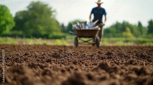 Freshly tilled soil in the foreground, with a blurred farmer pushing a wheelbarrow full of tools in the background photo