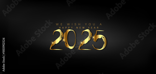 Happy New Year 2025 in shimmering gold on a dark black background, representing a festive and hopeful start to the year