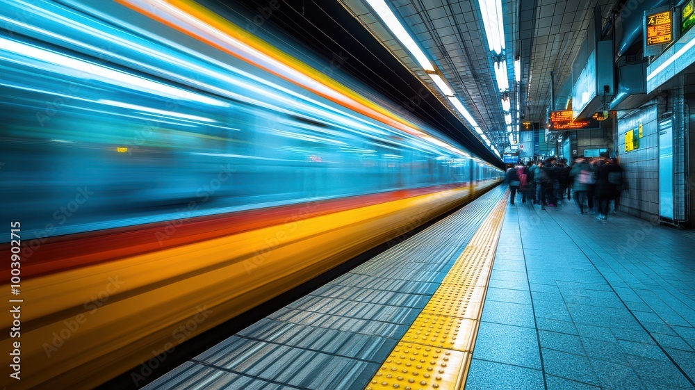Motion blurred train passing through an underground station, dynamic urban atmosphere. Motion blurred train passing through an underground station, dynamic urban atmosphere.