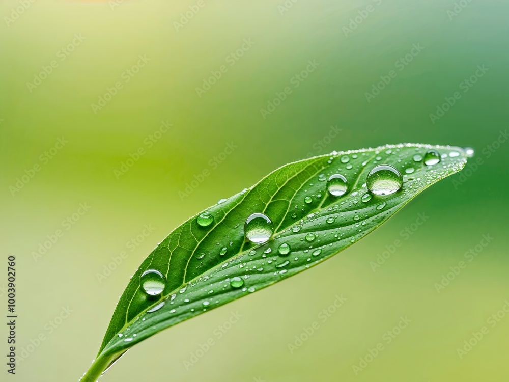 A single green leaf with dew drops on it, isolated on a soft, blurred green backdrop. Macro shot.