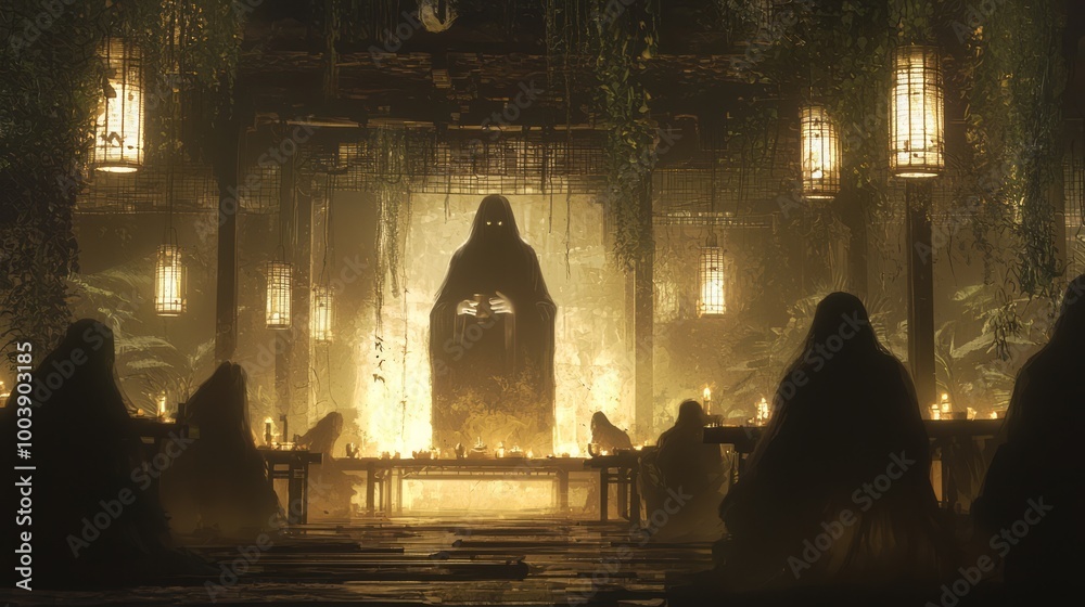 Eerie Encounter - Japanese Dark Myth Scene of Spirits Sipping Ghostly Tea in Haunted Tea House with Flickering Lanterns Eerie Encounter - Japanese Dark Myth Scene of Spirits Sipping Ghostly Tea in Haunted Tea House with Flickering Lanterns