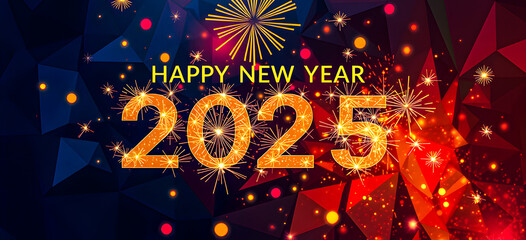 Happy New Year 2025. New Year's Eve Party background banner greeting card illustration decor 
 with text. Golden fireworks in the night sky. 2025 neon glowing text wallpaper. AI generated
