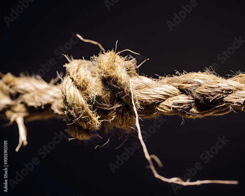 Frayed rope under strain showcases intricate fibers and textures, highlighting tension and wear. This macro image captures essence of strength and vulnerability in natural materials