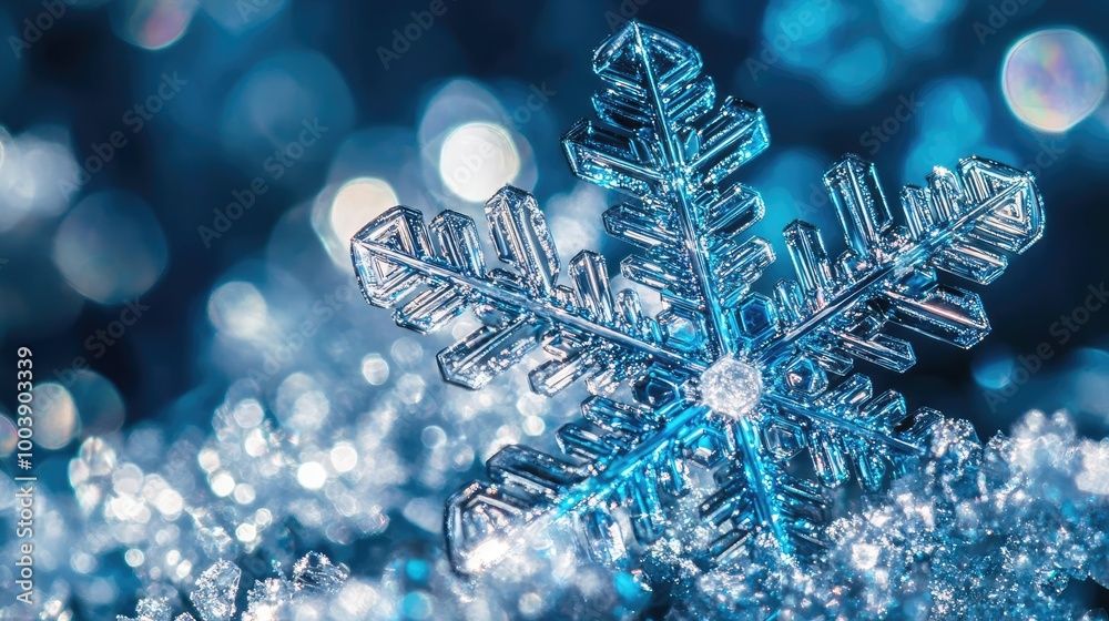 A stunning close-up of a snowflake resting on a bed of shimmering snow, showcasing intricate details and a beautiful blue hue. A stunning close-up of a snowflake resting on a bed of shimmering snow, showcasing intricate details and a beautiful blue hue.