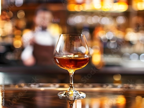 Brandy Glass on Bar Counter with Bartender Preparing Cocktail in Background