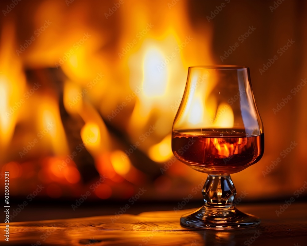 Brandy Glass Beside Crackling Fireplace Reflecting Flames on Smooth Liquid Surface Brandy Glass Beside Crackling Fireplace Reflecting Flames on Smooth Liquid Surface