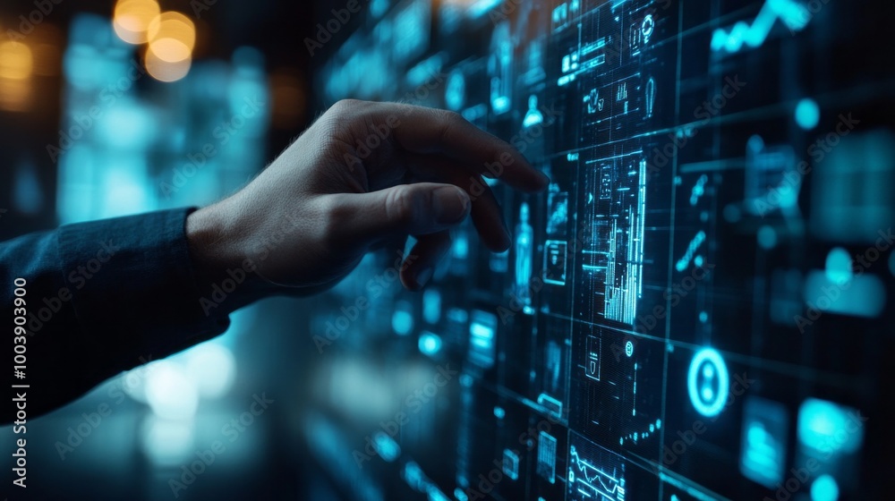 A hand is touching a computer screen with a blue background A hand is touching a computer screen with a blue background