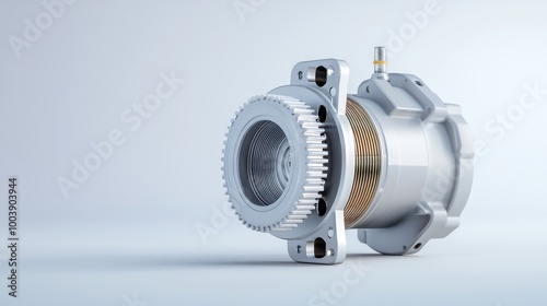 Electric motor with a sleek metallic finish, placed on a white background, ideal for an advertisement poster, deep depth of field, Product photography with high resolution, studio lighting,