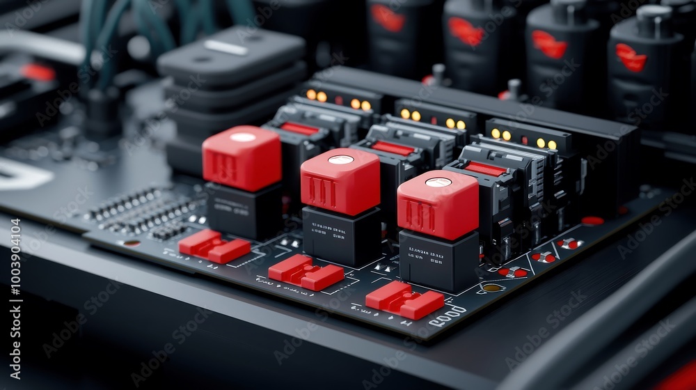 Electrical control board with LED lights and switches, sharp and clear, room for advertising text, high-end magazine photography, deep depth of field, Product photography with high resolution, studio Electrical control board with LED lights and switches, sharp and clear, room for advertising text, high-end magazine photography, deep depth of field, Product photography with high resolution, studio