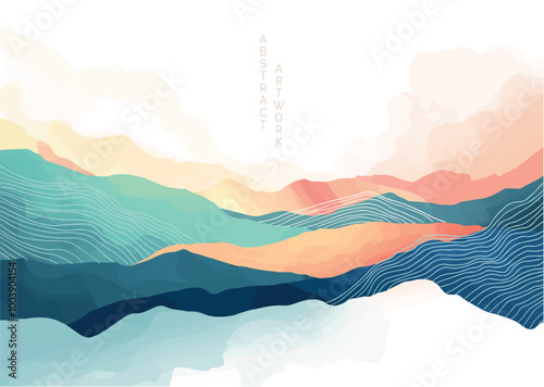 abstract japanese landscape on light background with gradient, semi watercolor