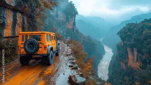 An orange vehicle carefully drives along a narrow, muddy road, surrounded by steep cliffs and a winding river under a misty sky