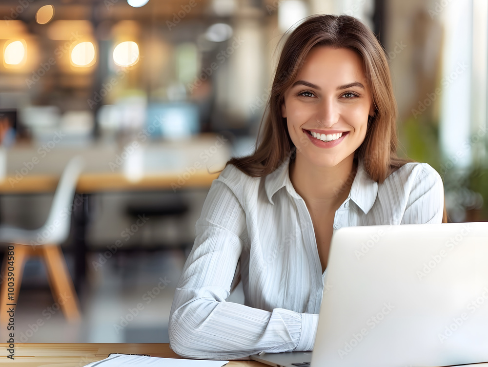 Smiling woman working at laptop in modern office environment, showcasing professionalism and approachability. Her cheerful demeanor enhances workspace atmosphere Smiling woman working at laptop in modern office environment, showcasing professionalism and approachability. Her cheerful demeanor enhances workspace atmosphere