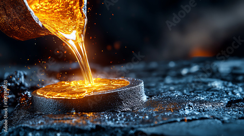 Molten metal being poured into a mold, creating a bright, glowing texture. photo