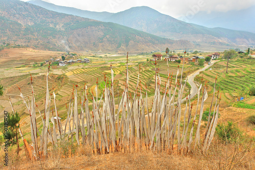 Prayer flags on farmlands in Bhutan