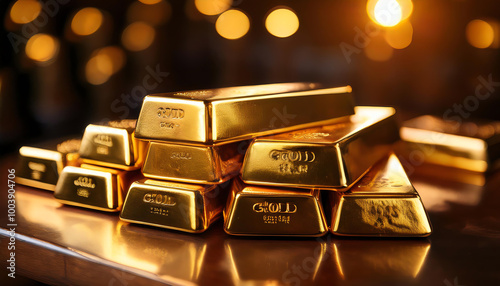 Stacks of shiny gold bars reflecting warm light, showcasing wealth and luxury.