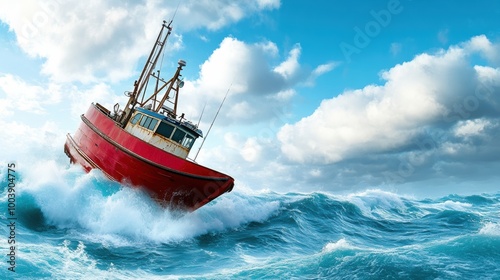 Red Fishing Boat Navigating Rough Ocean Waves