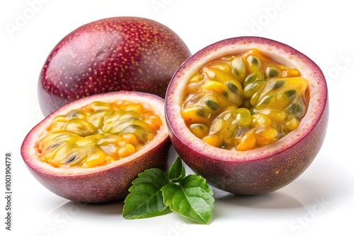 Juicy passionfruit with pulp isolated on white background
