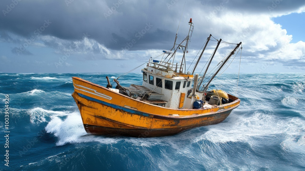 Fishing Boat Struggling in Rough Ocean Waves Fishing Boat Struggling in Rough Ocean Waves