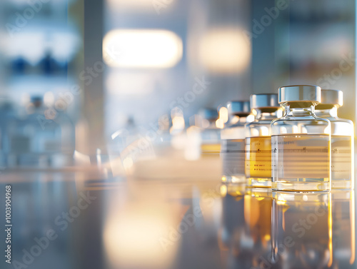 Wallpaper Mural Soft focus image of row of medical vials on counter, showcasing their clear glass and liquid contents. warm lighting creates serene atmosphere, ideal for healthcare setting Torontodigital.ca