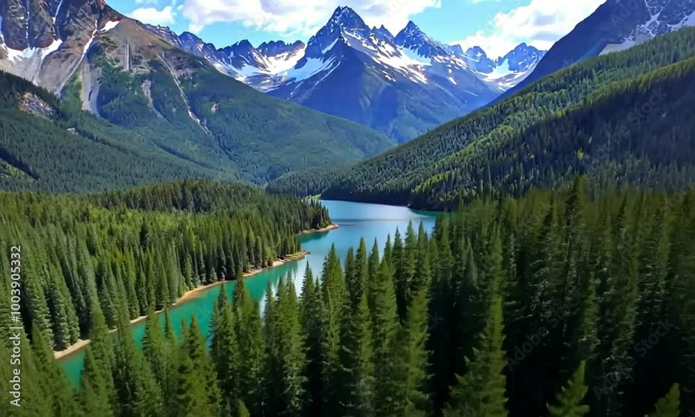 showcases a breathtaking view of a pristine alpine lake surrounded by dense pine forests and towering, snow-capped mountains under a clear blue sky showcases a breathtaking view of a pristine alpine lake surrounded by dense pine forests and towering, snow-capped mountains under a clear blue sky