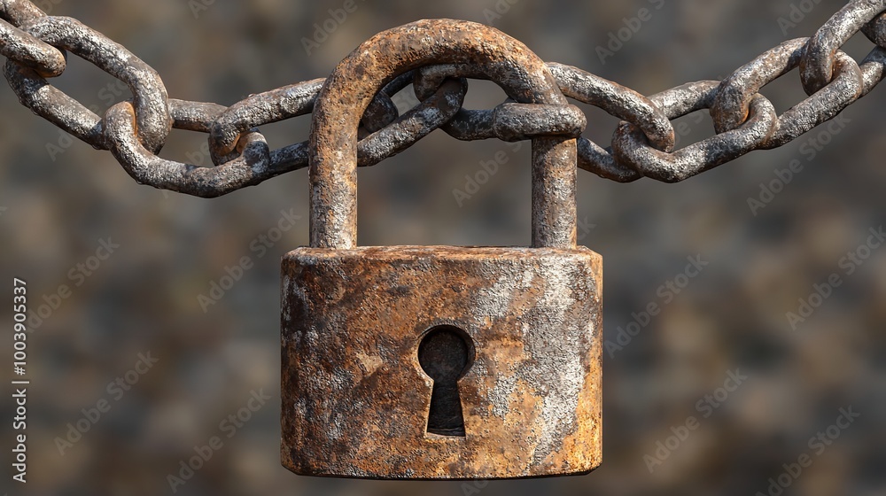 An Old Rusty Padlock Closed on a Massive Chain An Old Rusty Padlock Closed on a Massive Chain