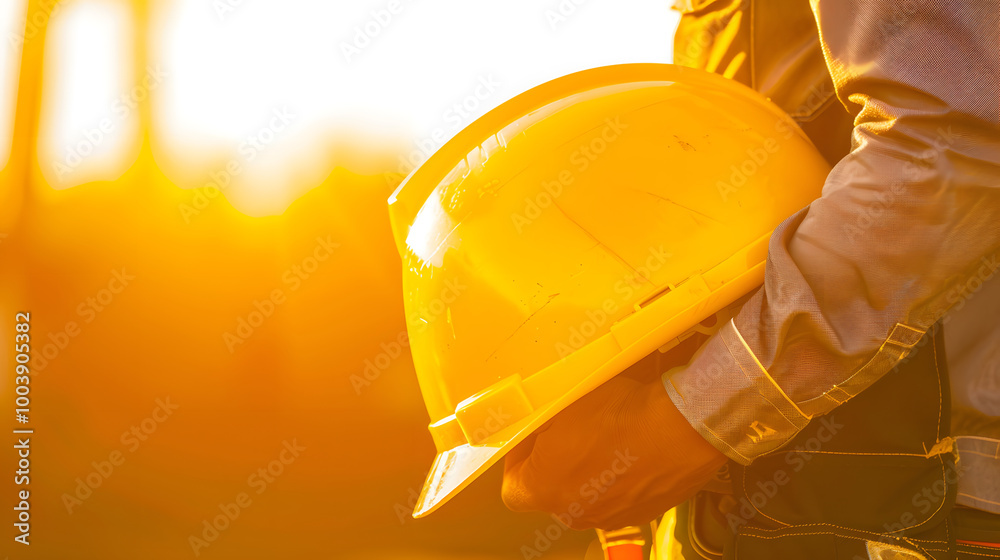 technician holding bright yellow safety hard hat against warm sunset backdrop. image conveys sense of readiness and safety in construction environment technician holding bright yellow safety hard hat against warm sunset backdrop. image conveys sense of readiness and safety in construction environment
