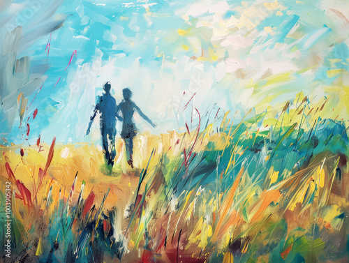 A lonely stick man and his wife stroll together through a vibrant field under a bright sky during a warm afternoon