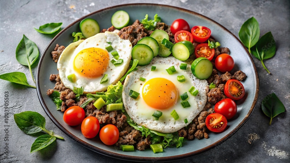Keto friendly breakfast with sunny side up egg, ground beef, and veggies in an asymmetrical arrangement Keto friendly breakfast with sunny side up egg, ground beef, and veggies in an asymmetrical arrangement